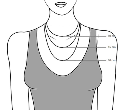 Leitfaden für die Kragenlängen von Atelier-Émile, Abbildung 40 cm, 45 cm und 50 cm am weiblichen Halsumfang